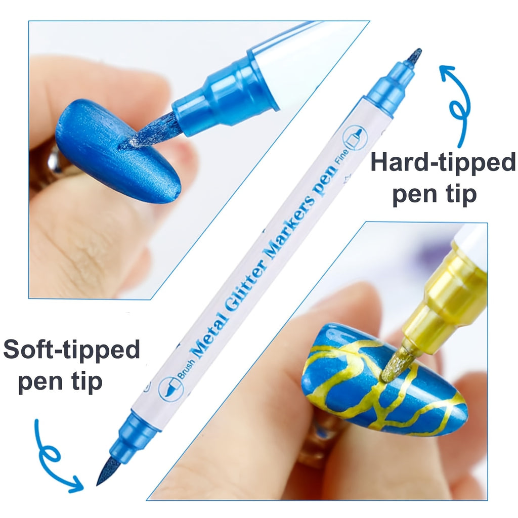 Metallic Nail Art Pens with Double-Ended Acrylic Paint Marker Design, 10-Color Quick-Drying Selection for Decorative Dots, Lines and DIY Home or Salon Manicures