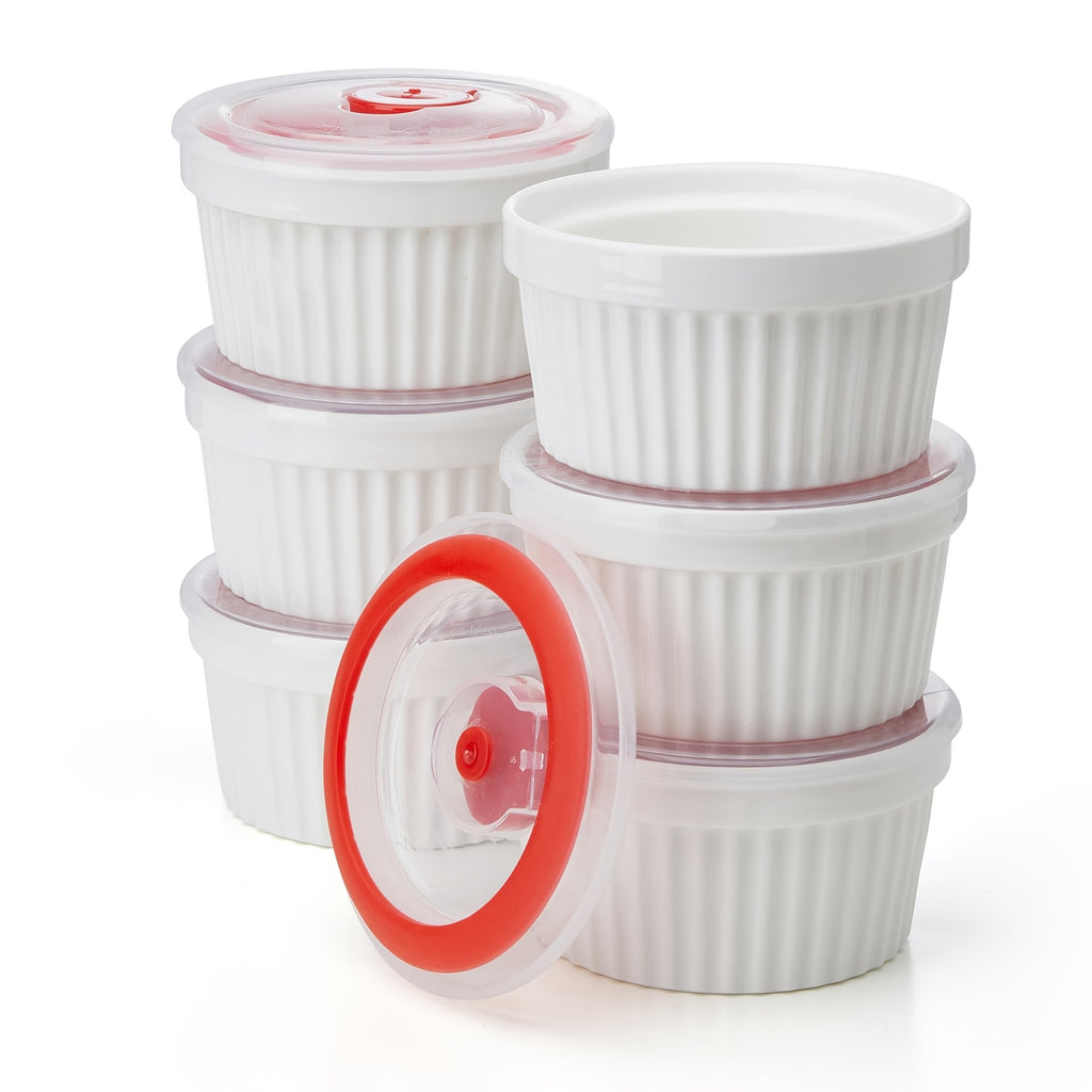 Porcelain Ramekins with Lids, Set of Six with Listed 8-Ounce Capacity for Soufflé, Crème Brûlée, Pudding and Custard Preparation, Serving and Food Storage