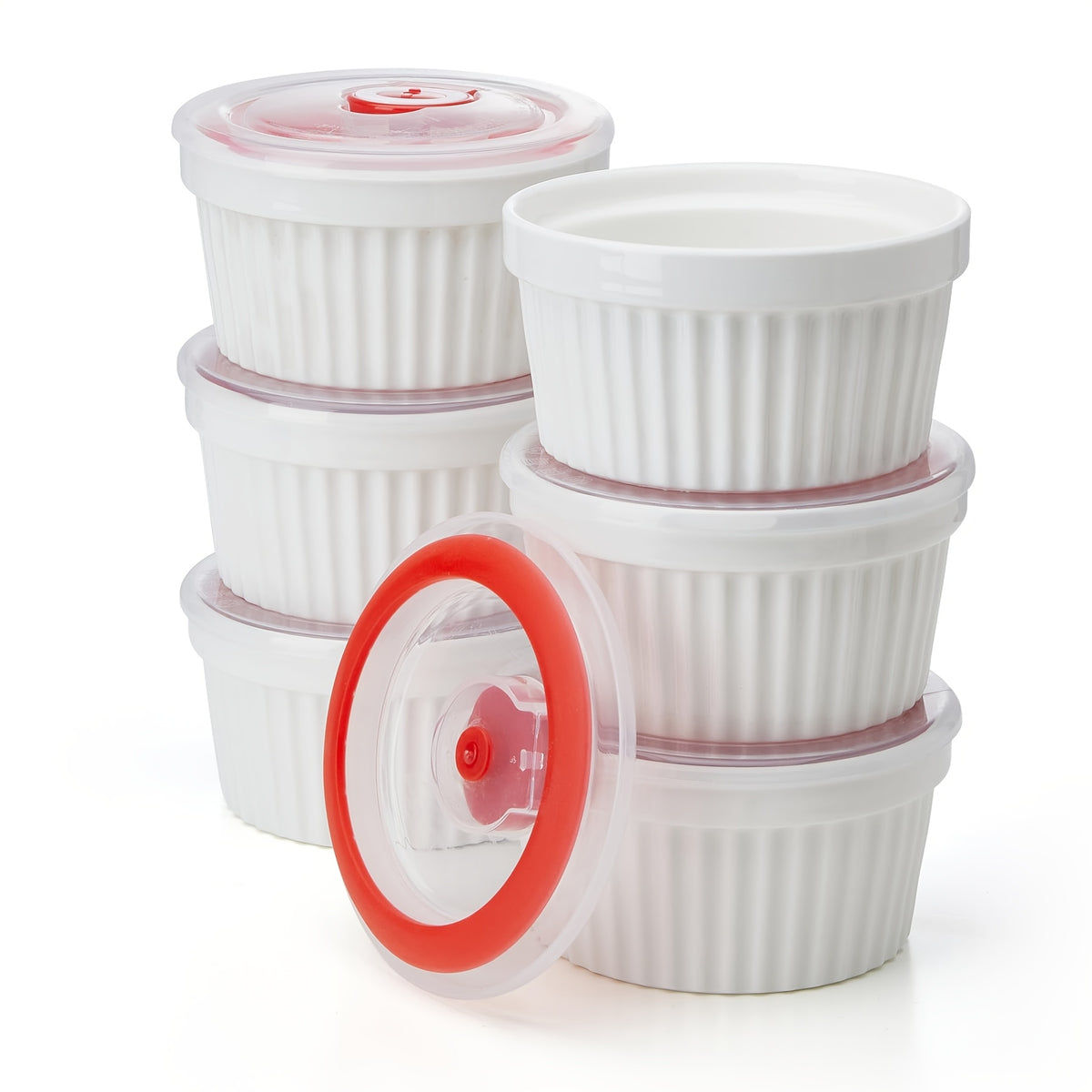 Porcelain Ramekins with Lids, Set of Six with Listed 8-Ounce Capacity for Soufflé, Crème Brûlée, Pudding and Custard Preparation, Serving and Food Storage