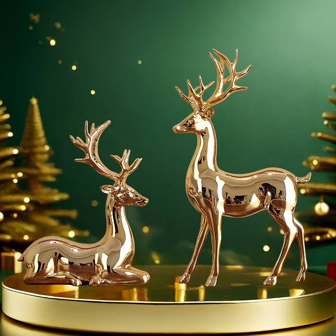Reindeer Figurines in Champagne Golden or Silvery, Listed Two-Piece Decorative Set for Christmas Home Displays, Living Room Accents and Desk Styling