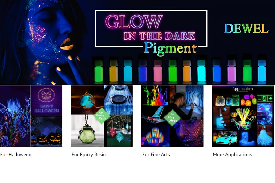 Glow in the Dark Pigment Powder by DEWEL, Strontium Aluminate Craft Colorant in 12 or 18 Color Options for Compatible Epoxy Resin Art and Decorative Projects