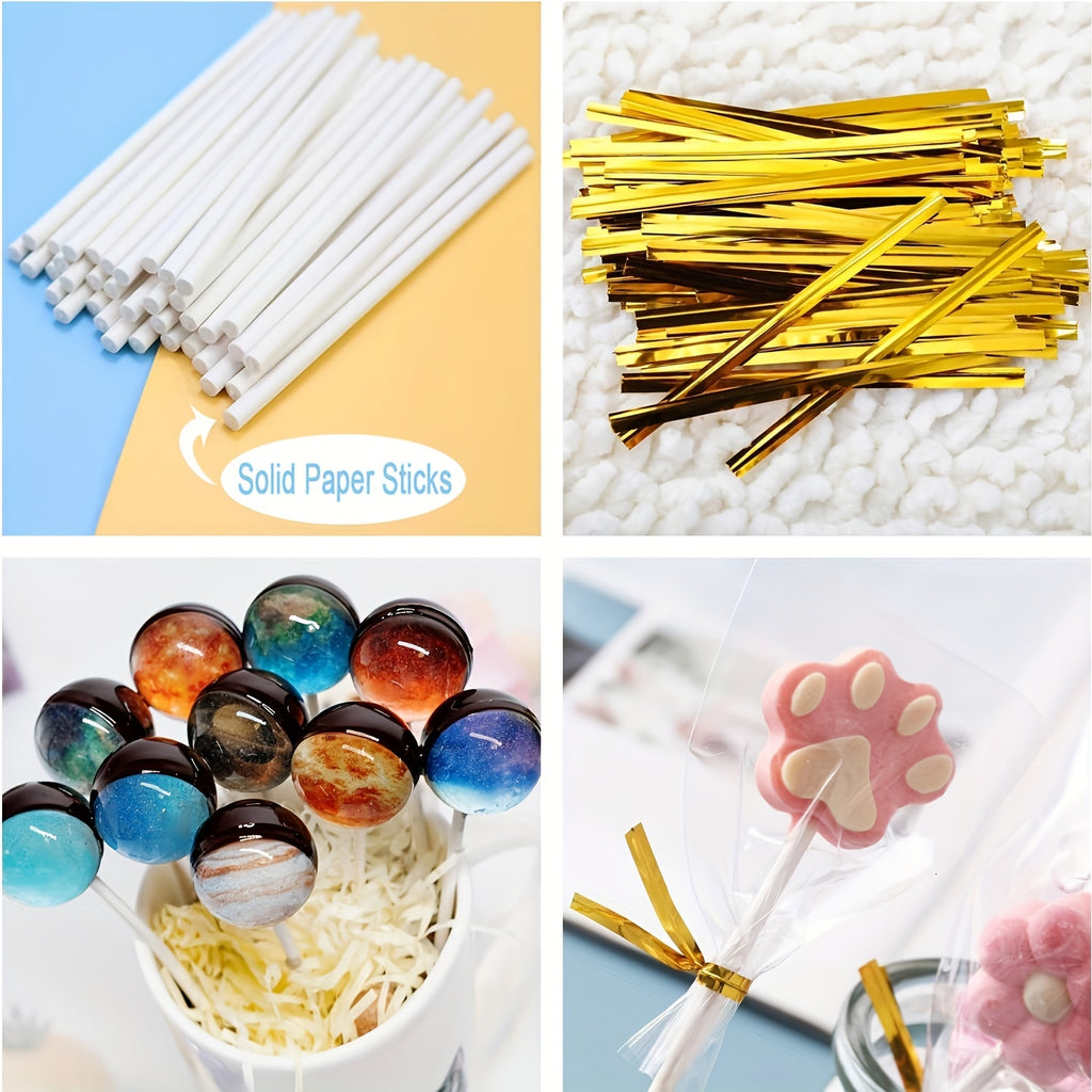 Cake Pop Treat Bag Kit, 297-Piece Mixed Set of Plastic Bags, Lollipop Sticks and Golden Metallic Twist Ties for Candy Packaging and Party Favor Presentation