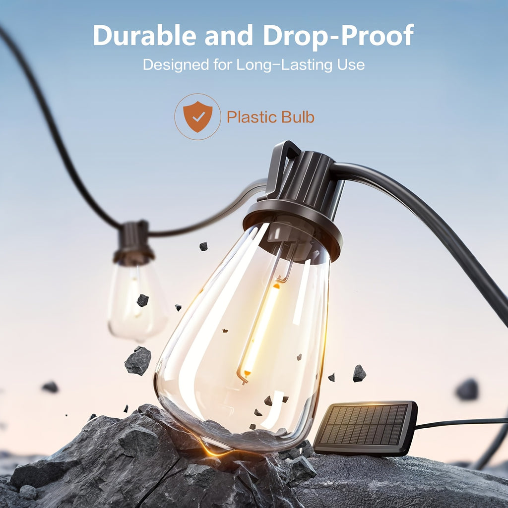 ST38 Solar Patio String Lights with Listed 2700K Warm Light and E12 Base, 100 to 200ft Length Options for Garden, Courtyard and Party Backdrop Decoration