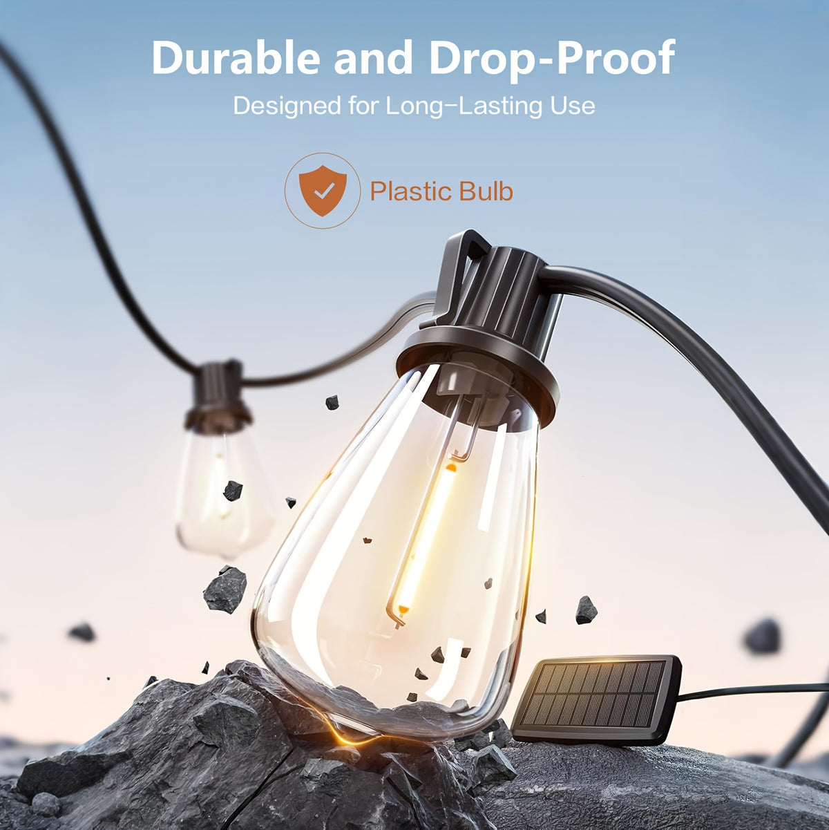 ST38 Solar Patio String Lights with Listed 2700K Warm Light and E12 Base, 100 to 200ft Length Options for Garden, Courtyard and Party Backdrop Decoration
