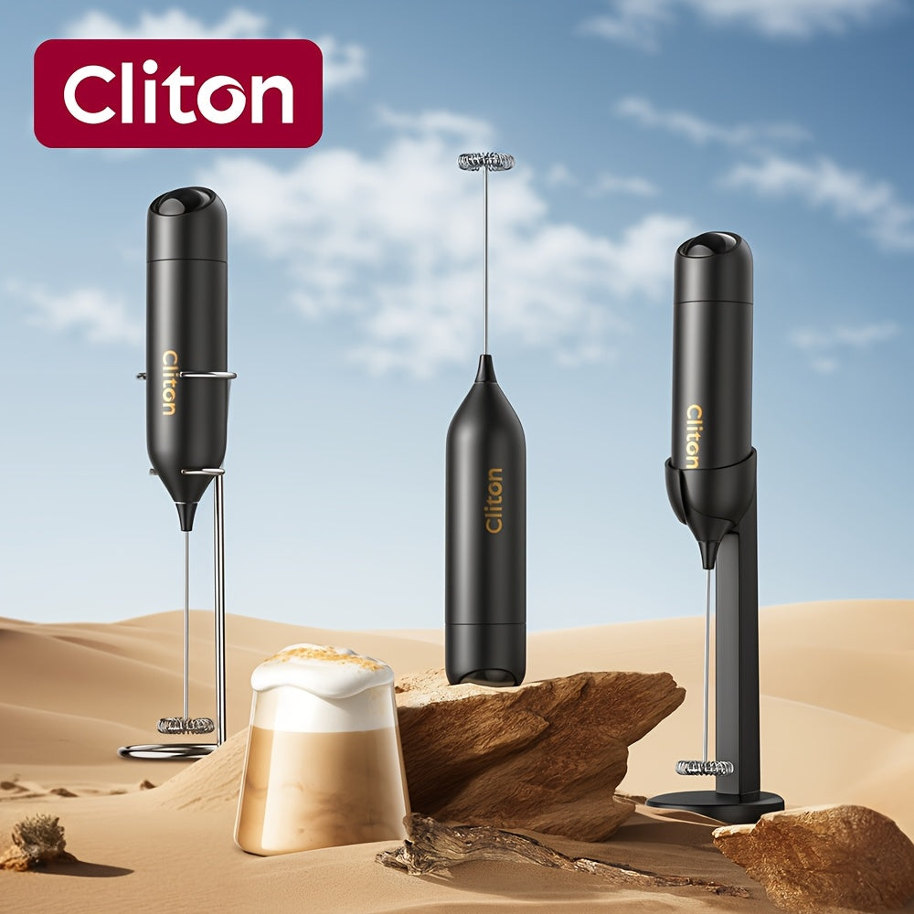 Handheld Milk Frother by CLITON, Battery-Powered 304 Stainless Steel Whisk for Coffee and Tea in Black, White or Green with Single or ABS Stand Options