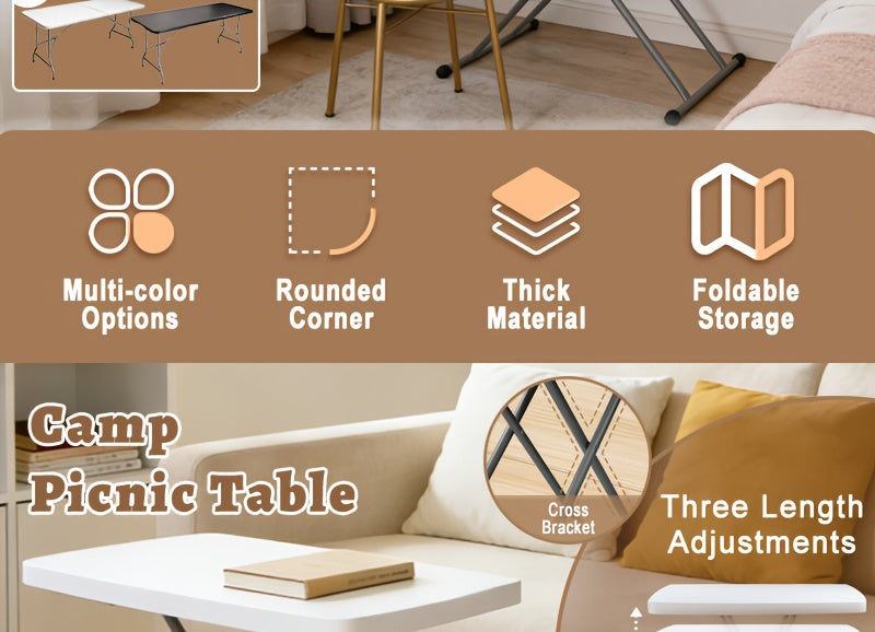 Portable Folding Utility Table with Plastic Top, Carrying Handle and Locking Design, Multiple Model Options for Camping, Picnics and Indoor Outdoor Parties