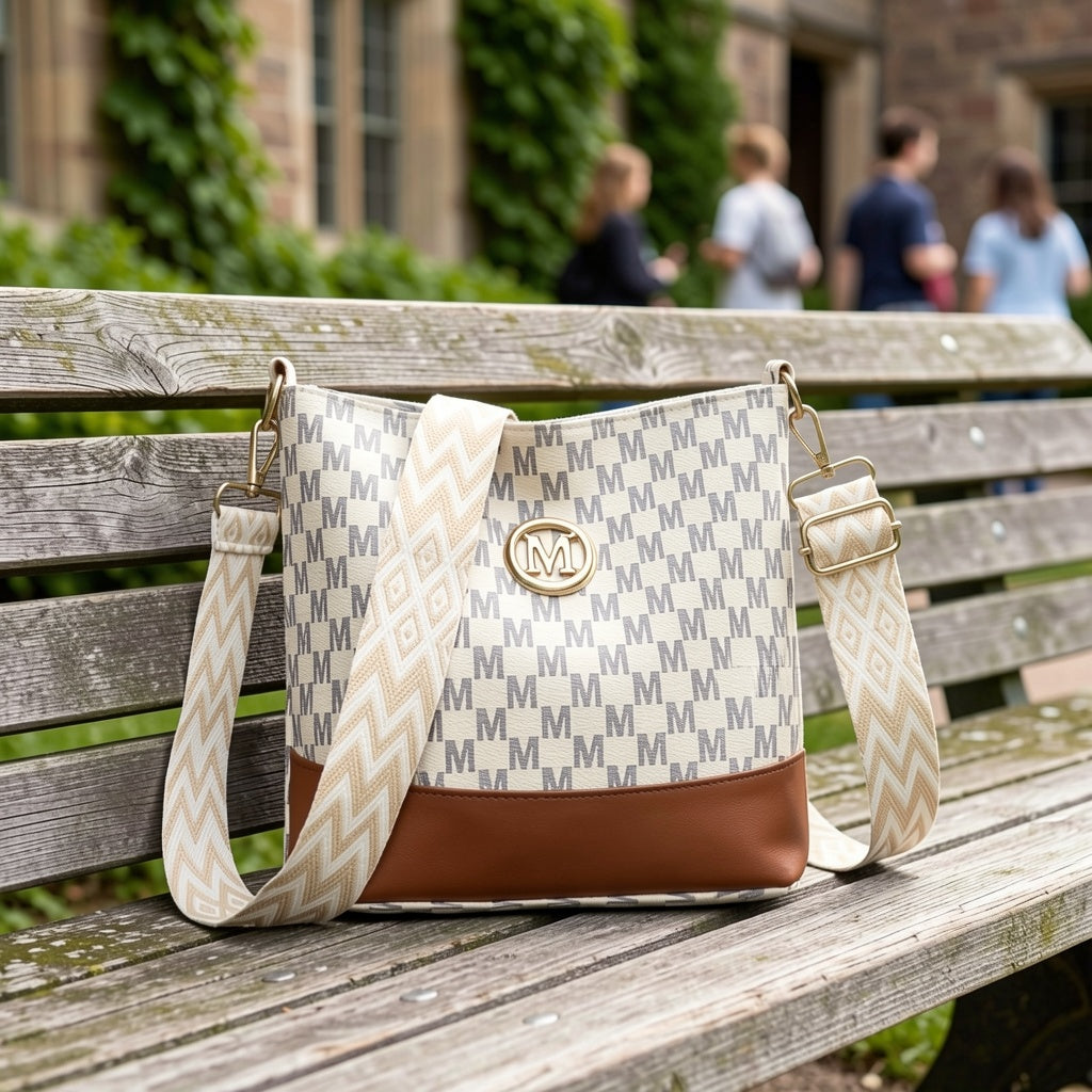 Patchwork Shoulder and Crossbody Bag with Vintage Styling and Wide Lettered Woven Strap, White or Brown Options for Workday Outings, Shopping and Dining