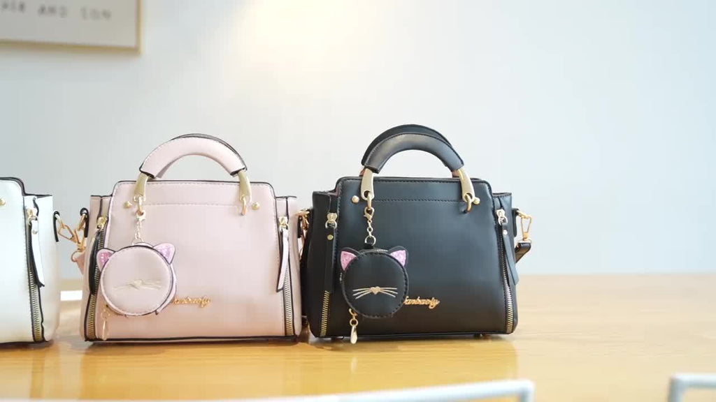 Mini Satchel Handbag with Kitten Pendant for Women, Top Handle Small Purse in Black, White, Pink, Purple, Khaki or Green for Coffee Dates and Casual Outings