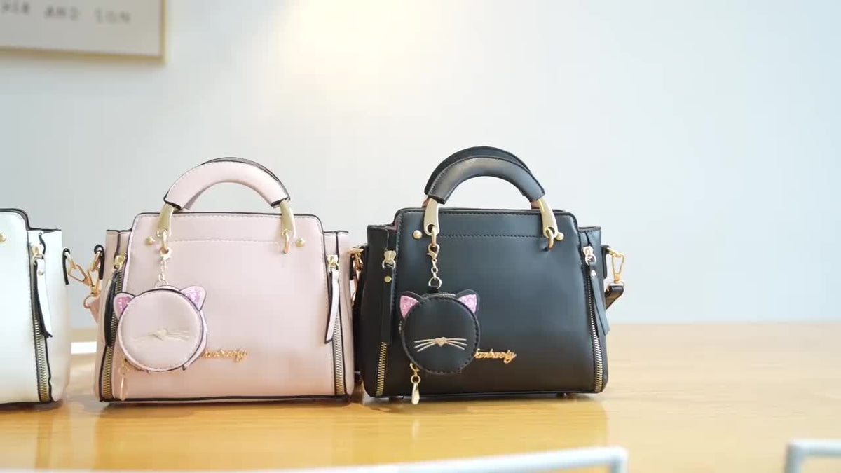 Mini Satchel Handbag with Kitten Pendant for Women, Top Handle Small Purse in Black, White, Pink, Purple, Khaki or Green for Coffee Dates and Casual Outings