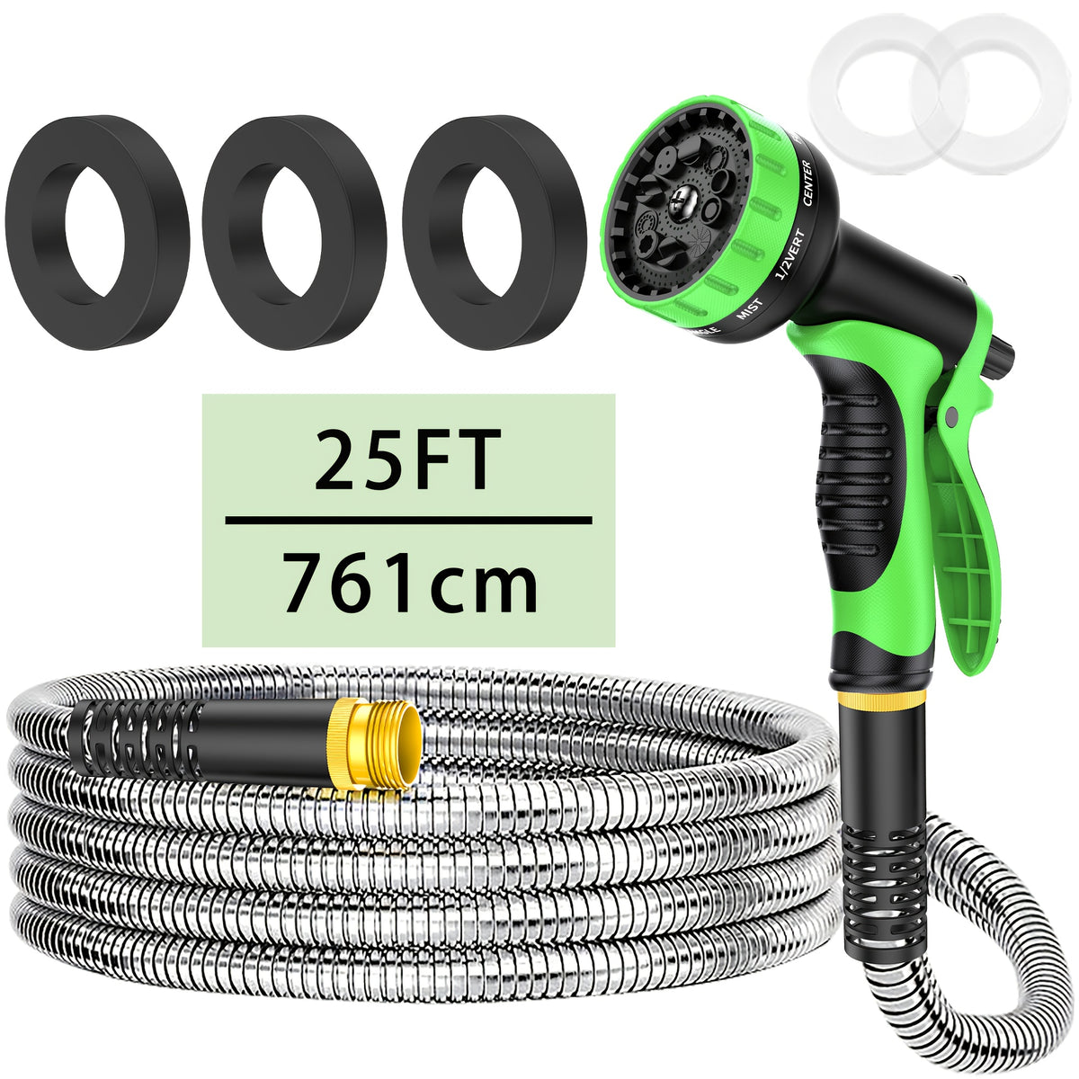 Stainless Steel Garden Hose with 10-Function Nozzle and Brass Joint, Metal Watering Hose in Multiple Length and Upgrade Kit Options for Yard and Car Care