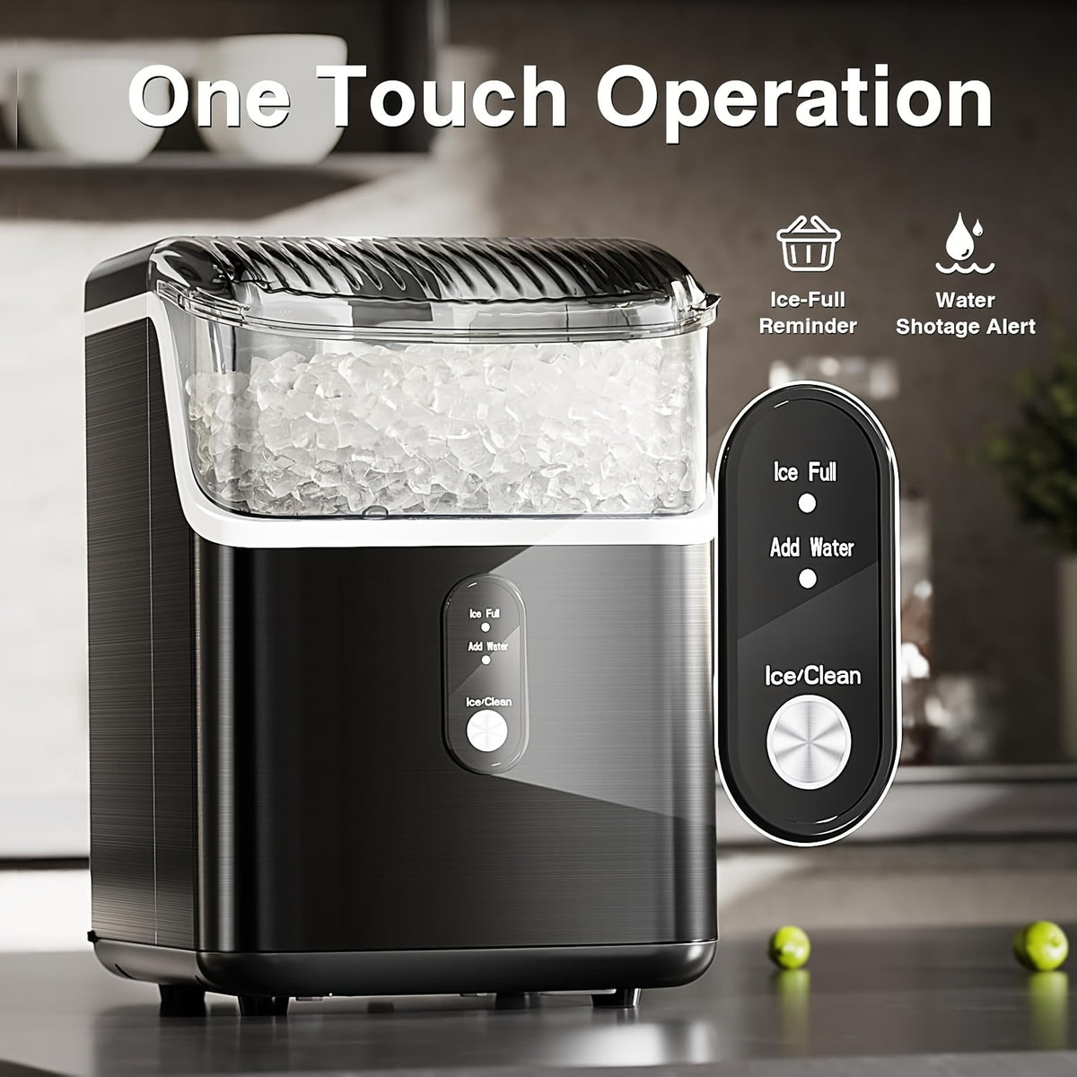 Bullet Ice Maker Countertop, 26 Lbs/24H Portable Ice Maker Machine, Self-Cleaning, Chewable Bullet Ice, One-Touch Operation, Stainless Steel Ice Maker for Kitchen, Office, and Home Bar Use
