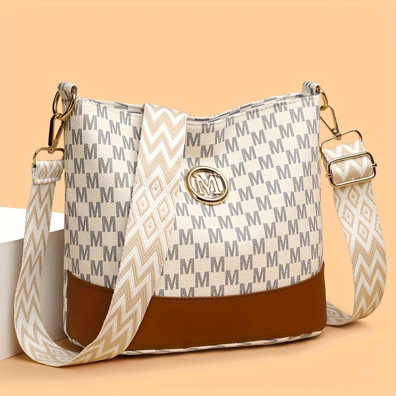 Patchwork Shoulder and Crossbody Bag with Vintage Styling and Wide Lettered Woven Strap, White or Brown Options for Workday Outings, Shopping and Dining