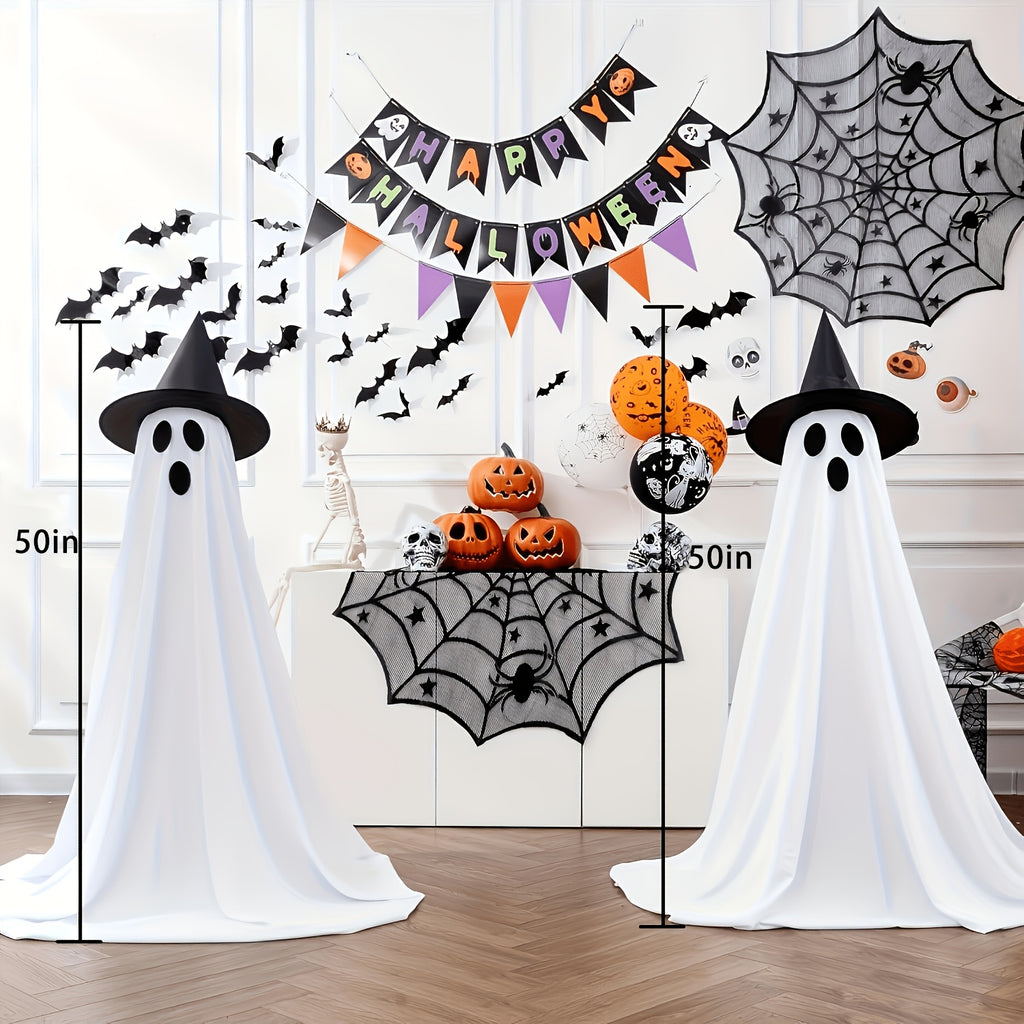 Witch Hat Ghost Decorations, Two-Piece Lighted Halloween Display Set with String Lights in White Ghost or Warm Color Options for Seasonal Home and Party Decor