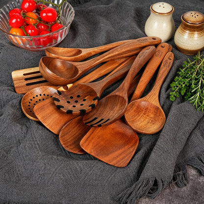 Wooden Cooking Utensils Set, 10-Piece Teak Kitchen Spoon and Spatula Tool Options for Everyday Stirring, Mixing and Meal Preparation in Home Kitchens