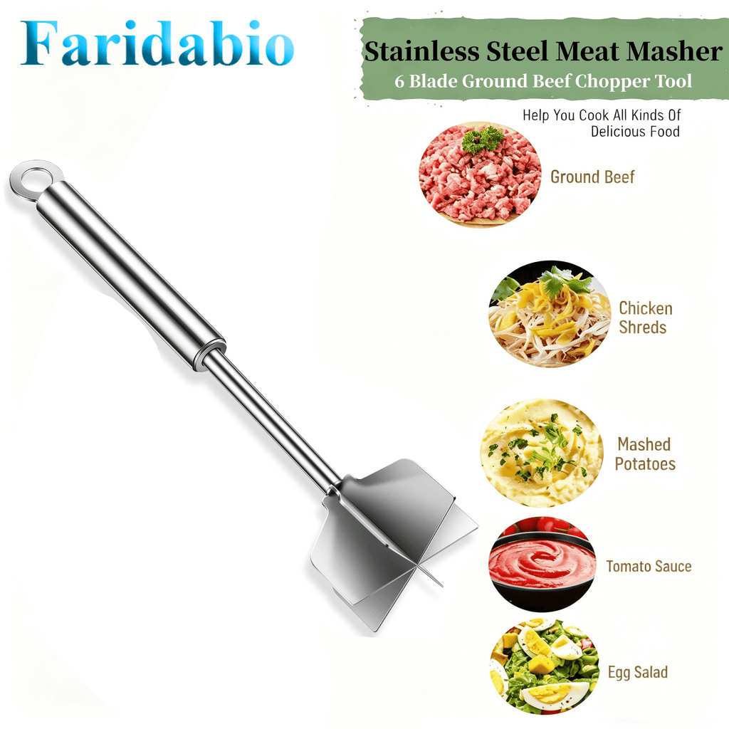 Six-Blade Stainless Steel Meat Chopper with Listed 304 Steel Construction, Single Manual Ground Beef Masher and Potato Mixing Tool for Home Meal Prep