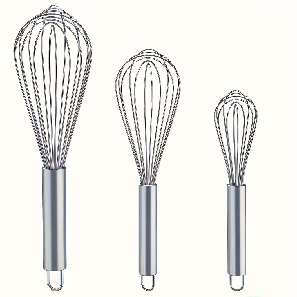 Stainless Steel Whisk Set of Three Manual Mixing Tools for Beating Eggs, Stirring and Blending Ingredients in Everyday Home Cooking and Baking