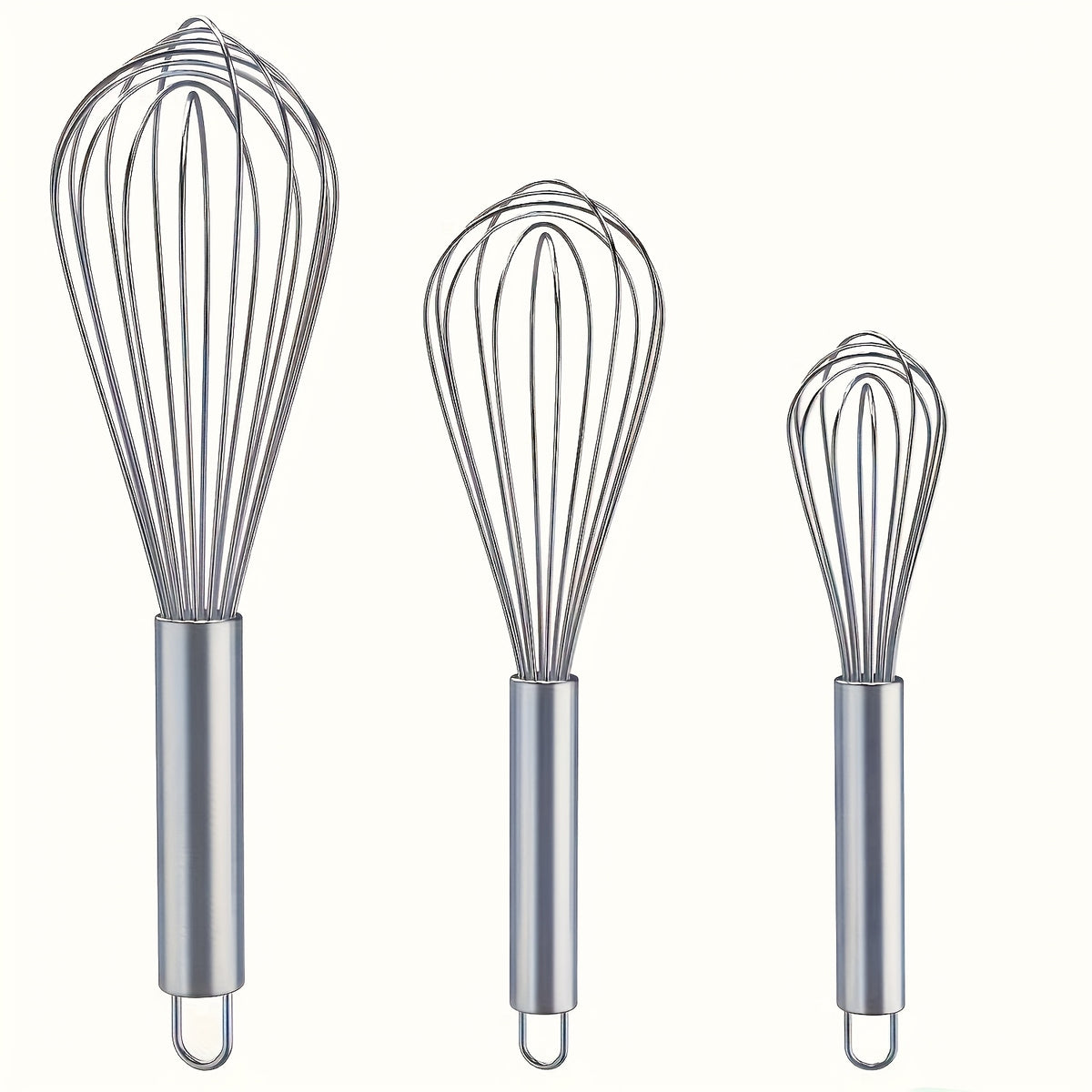Stainless Steel Whisk Set of Three Manual Mixing Tools for Beating Eggs, Stirring and Blending Ingredients in Everyday Home Cooking and Baking