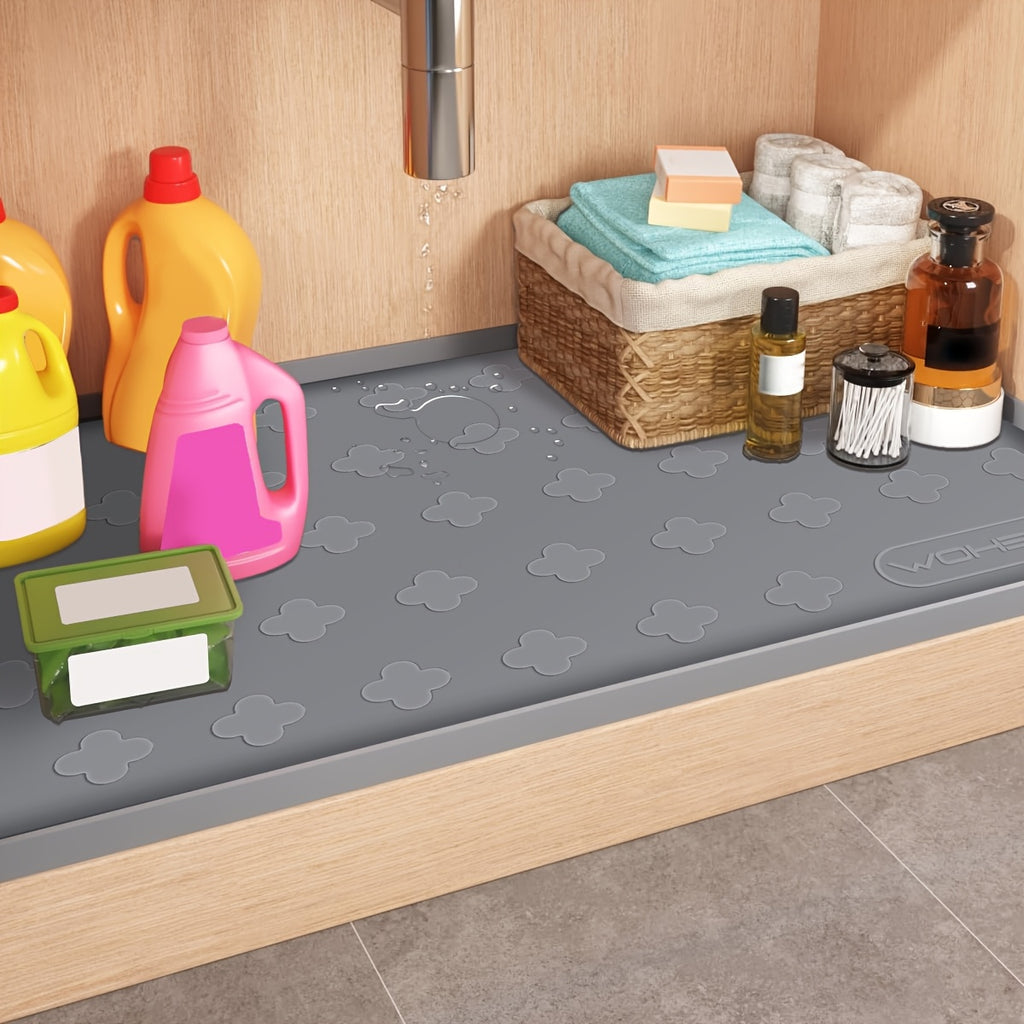 Under Sink Silicone Mat with Raised Edge, 34 x 22 or 17 x 12.6 Inch Cabinet Liner and Drip Tray in Dark Grey or Grayish White with Two-Pack Options