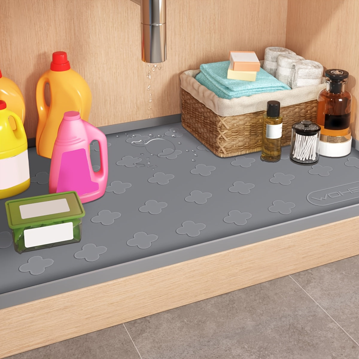 Under Sink Silicone Mat with Raised Edge, 34 x 22 or 17 x 12.6 Inch Cabinet Liner and Drip Tray in Dark Grey or Grayish White with Two-Pack Options