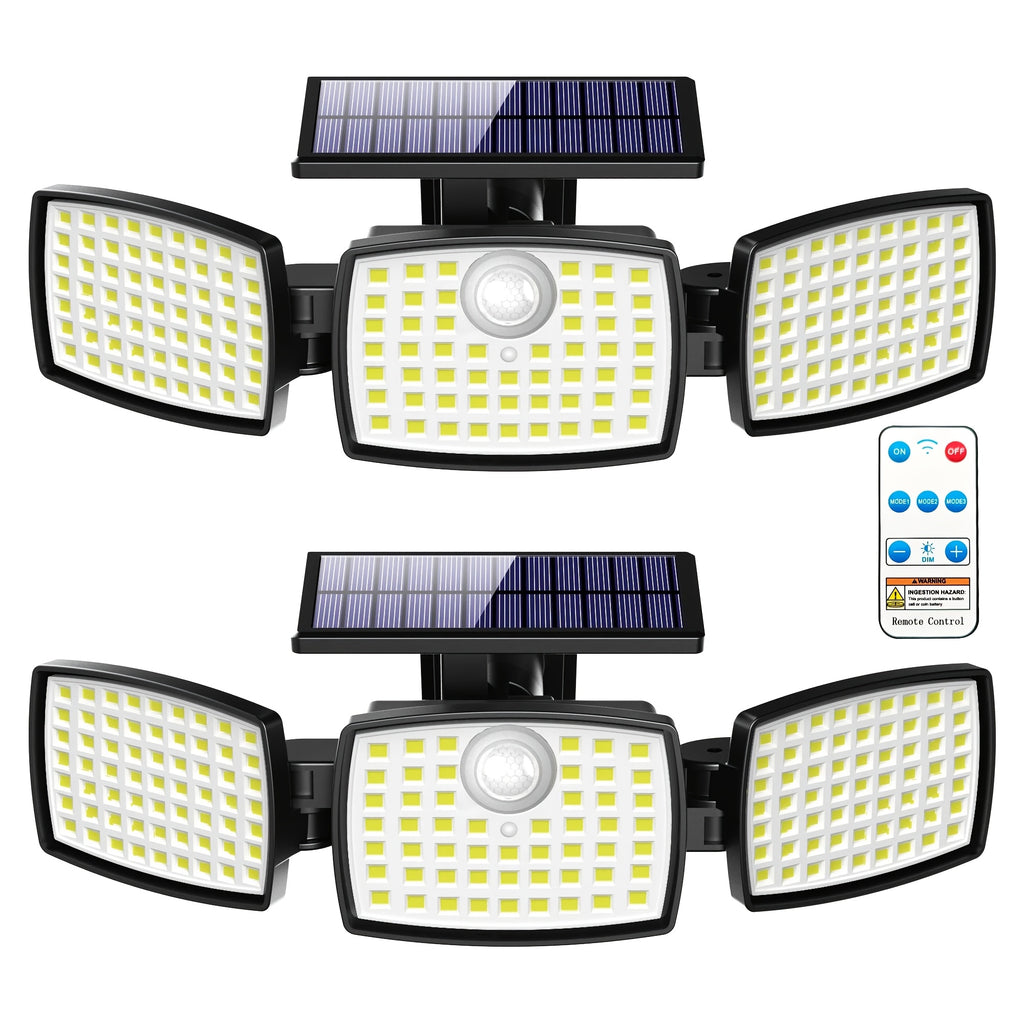 179-LED Solar Motion Sensor Lights with Three Adjustable Heads, Remote Control and Three Modes, Listed 2500 Lm Output in 2- or 4-Pack Options for Yard and Patio