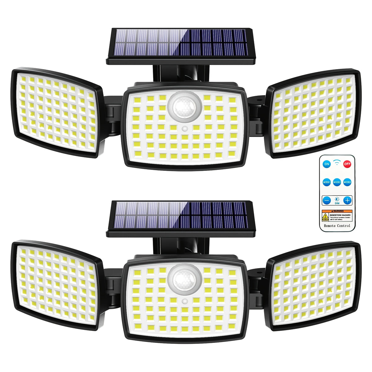 179-LED Solar Motion Sensor Lights with Three Adjustable Heads, Remote Control and Three Modes, Listed 2500 Lm Output in 2- or 4-Pack Options for Yard and Patio
