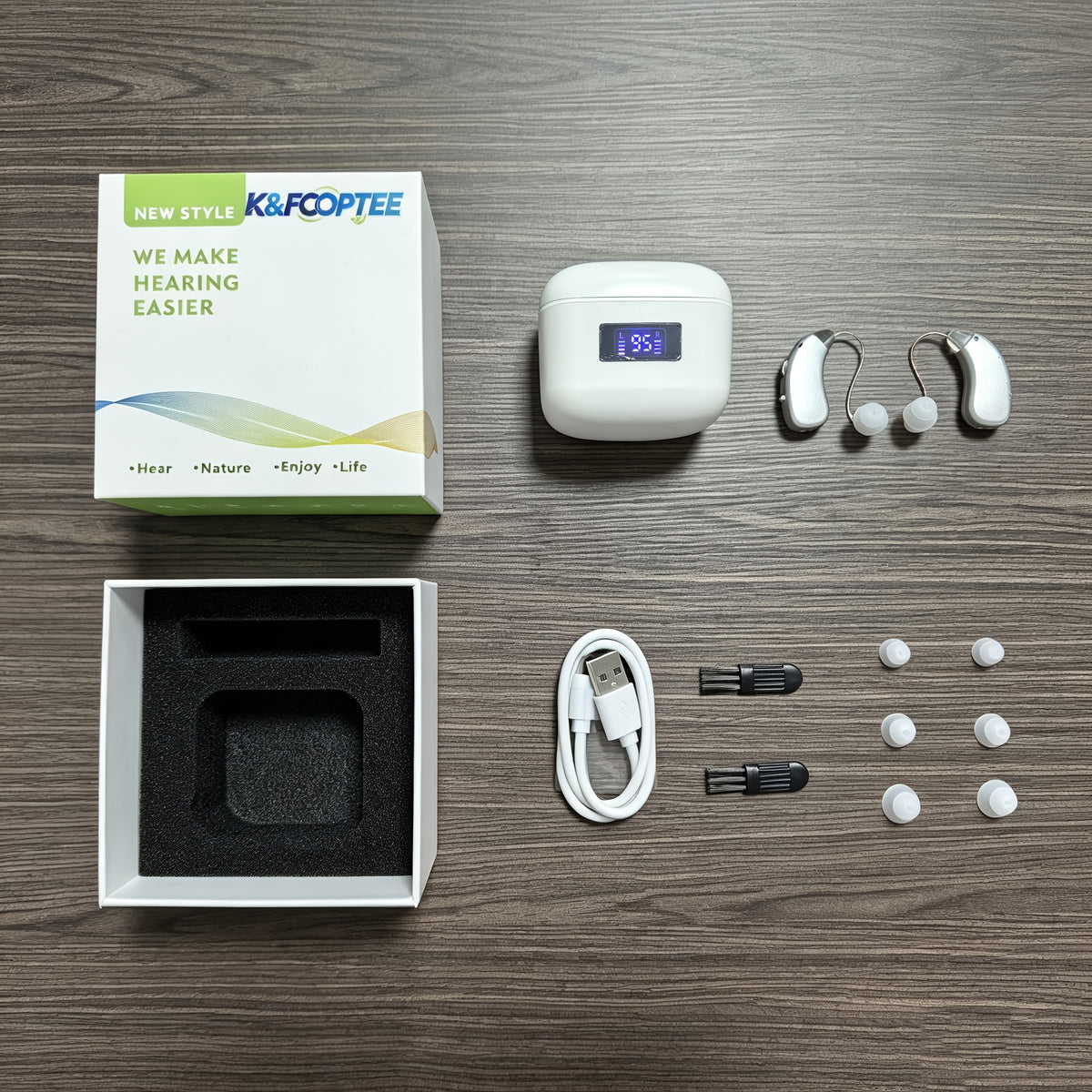 Rechargeable Hearing Amplifier with Listed Magnetic Charging Case, Silicone Ear Tips and Adjustable Listening Wording in TM802 Brown or Silvery Options for Adults