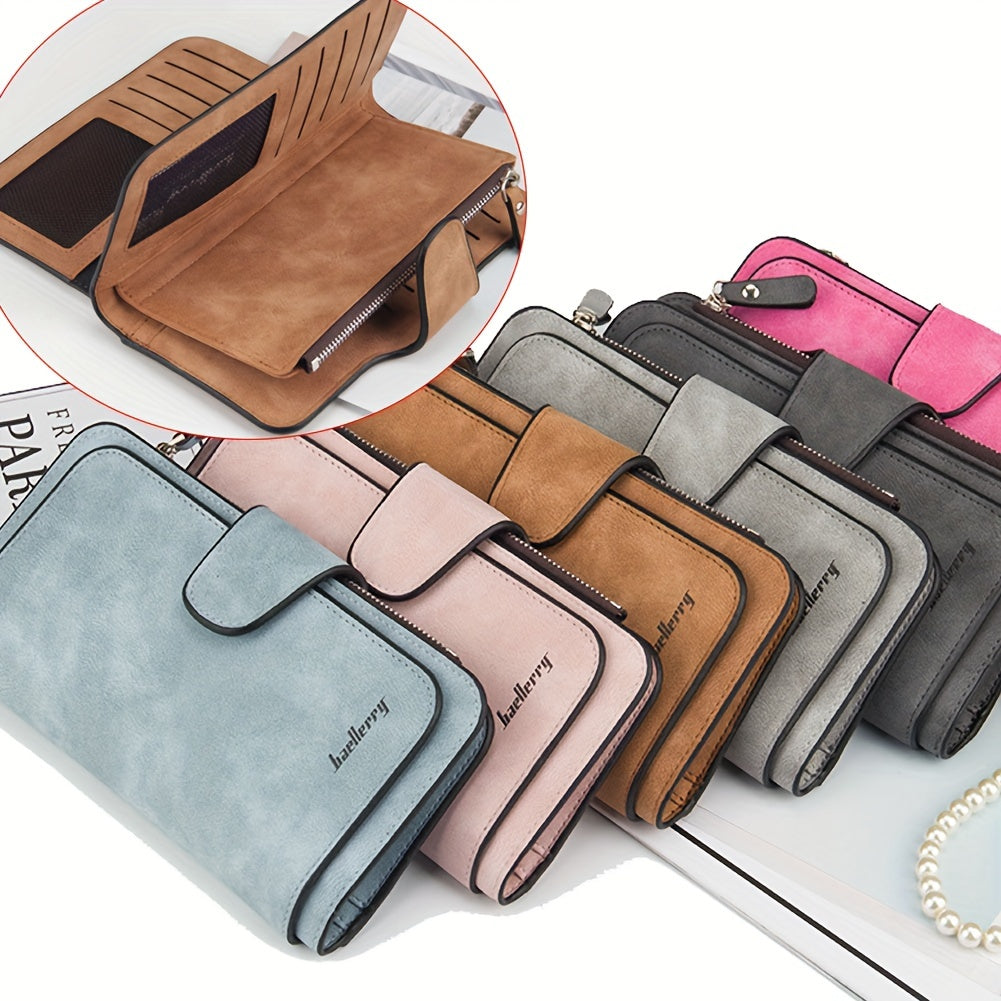 Women's Long Trifold Wallet in Synthetic Leather with 14 Listed Card Slots, Two Photo Slots, Snap Closure and Interior Zipper Pocket in Six Solid Colors