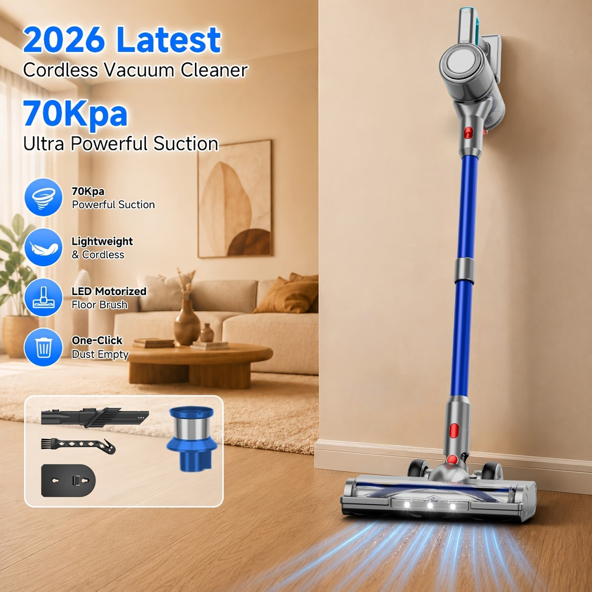 2026 Upgraded Cordless Vacuum Cleaner, 70Kpa High Suction, Multi-Speed Adjustment, HEPA Filtration, Anti-Tangle Brush, Low-Noise Motor, Long-Lasting Battery, Lightweight, Hard Floors, Carpets, Pet Hair, Curtains, Cars