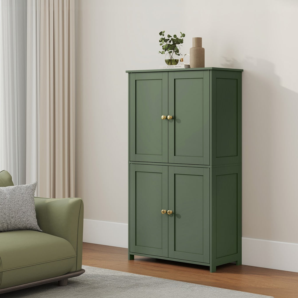 Shaker Style Floor Storage Cabinet with Four Doors, Two Cupboards and Two Adjustable Shelves, Green, White or Blue Freestanding Organizer for Home Essentials