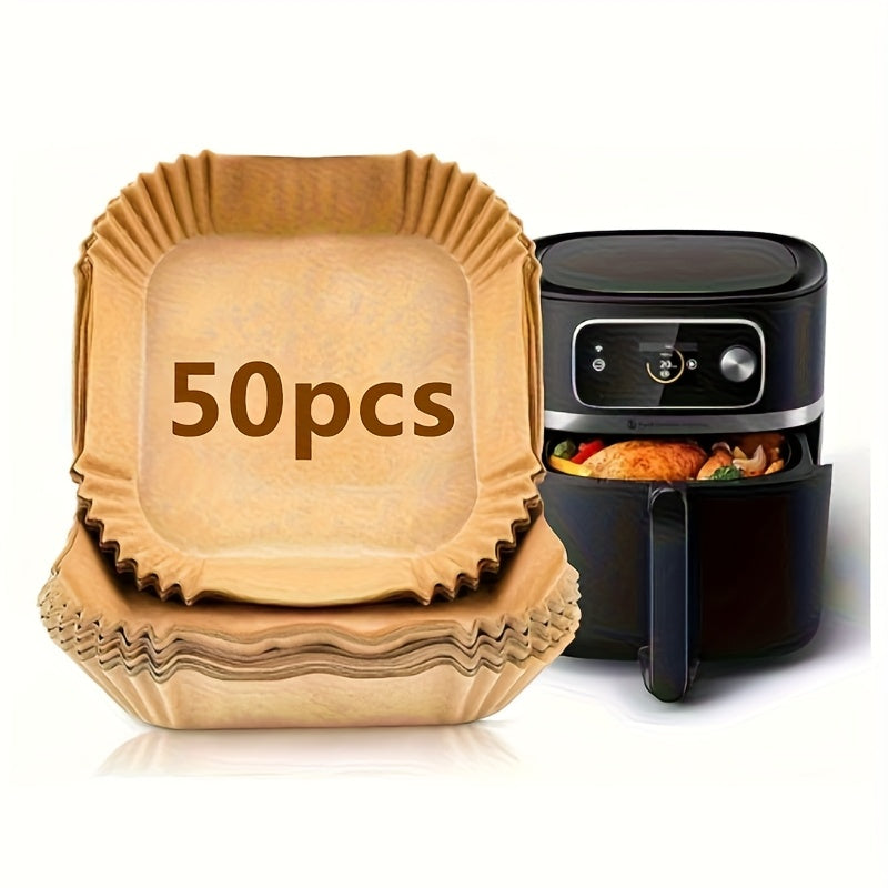 Square Air Fryer Paper Liners, 8-Inch Unbleached Disposable Baking Pads with Nonstick and Ruffled Edge Design, 50 100 or 200 Pieces for Home Cooking Prep