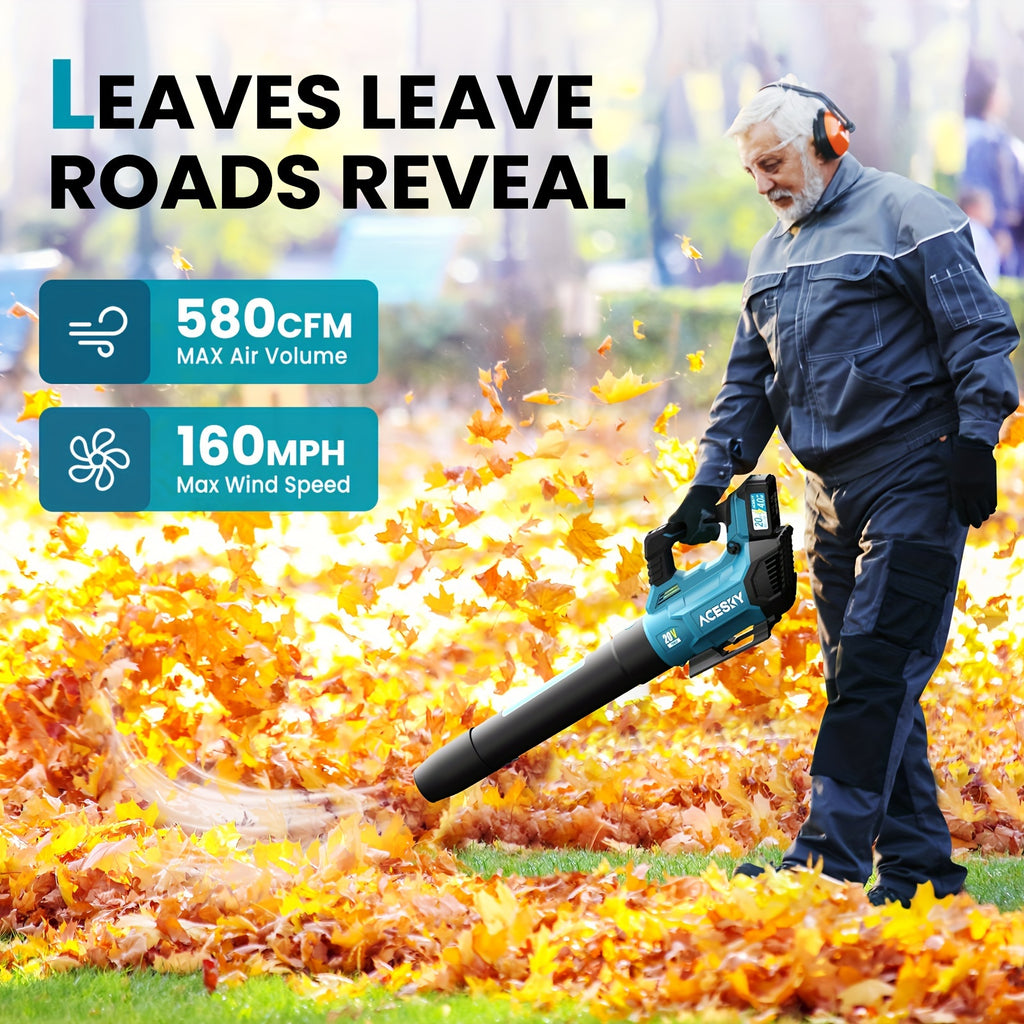 Three-Speed Cordless Leaf Blower with Extension Nozzle and Shoulder Strap References, Blue, Green, Yellow or 420CFM One-Battery Labels for Outdoor Yard Cleanup