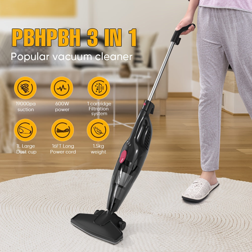 Corded Upright Vacuum Cleaner by PBHPBH with Listed 19kPa Suction and Five-Meter Cord, Black Home Cleaning Model for Compatible Dust and Pet Hair Tasks
