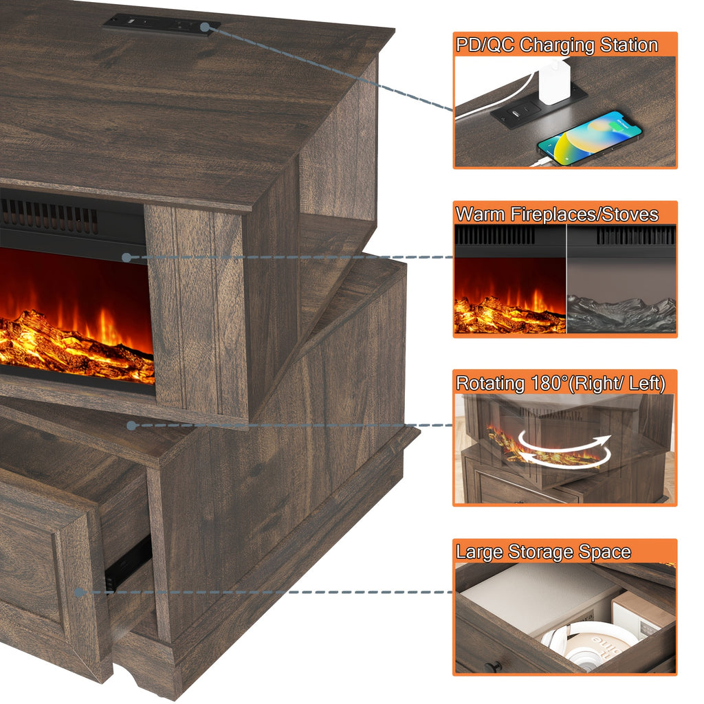 Electric Fireplace End Table with Listed 180-Degree Rotation and 13-Inch Screen, Storage and Charging Station, Six Finish Choices for Living Room Layouts