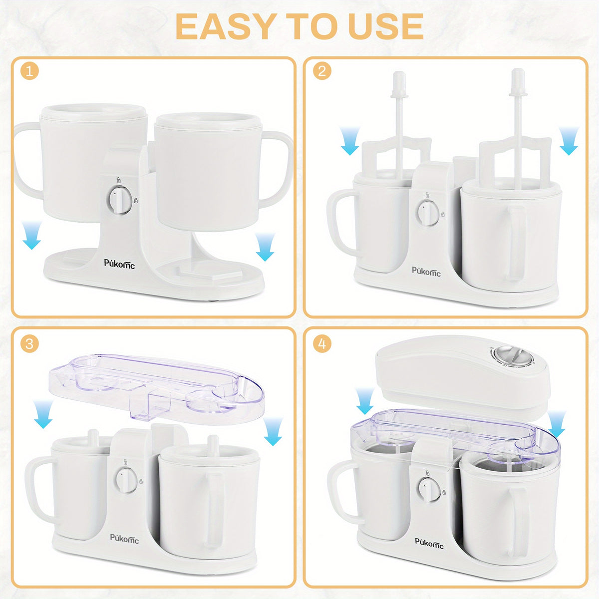Automatic Ice Cream Maker for Home, Two-Cup Design Makes Two Flavors of Ice Cream, Sorbet and Frozen Yogurt at Once, Healthy Ingredients Control, Easy-Clean Separated Cups, Summer Dessert Machine for Kids Parties and Family