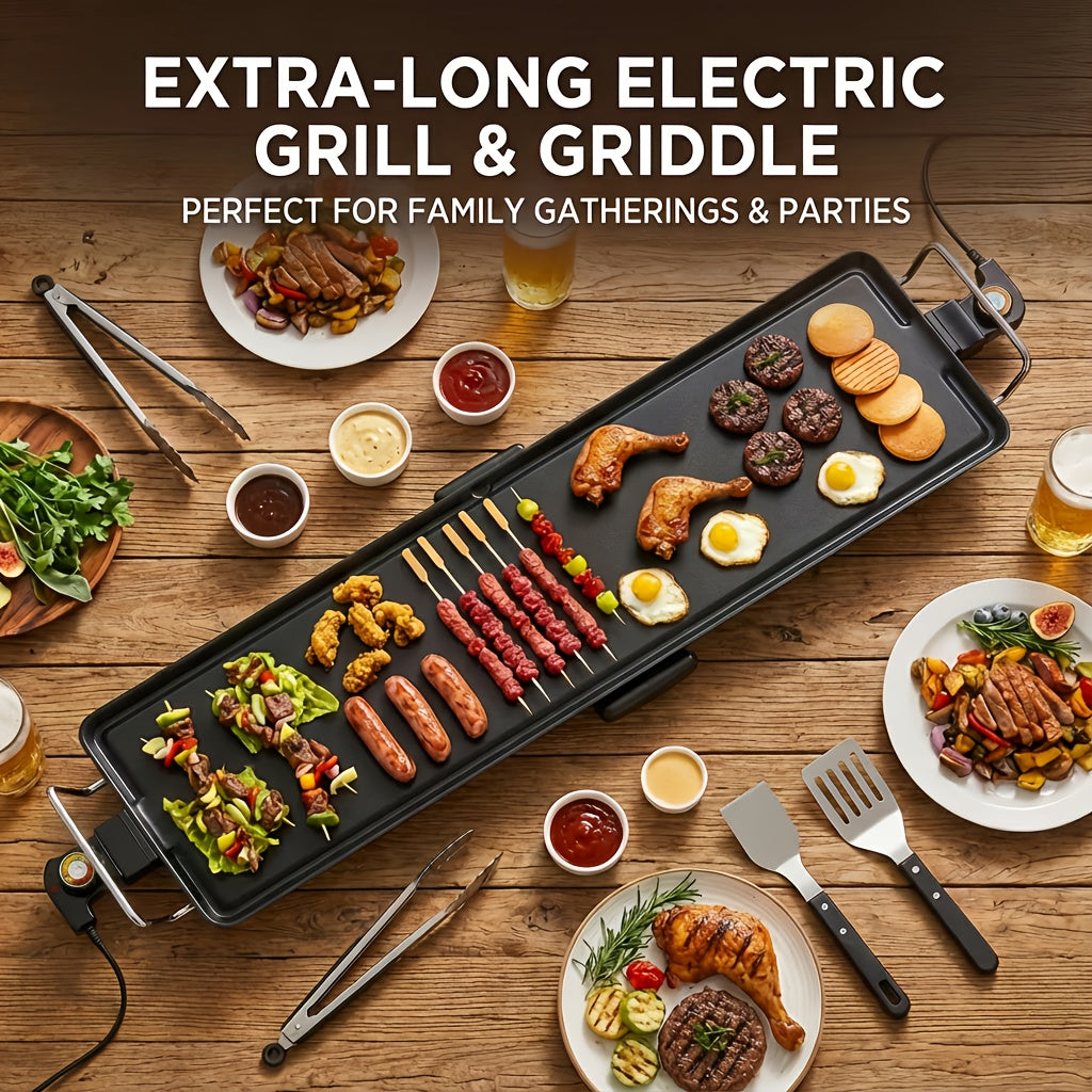 Electric Grill with Nonstick Roasting Surface, Adjustable Temperature and Listed Drip Tray, Extended-Length, Medium or Large Options for Family Meals