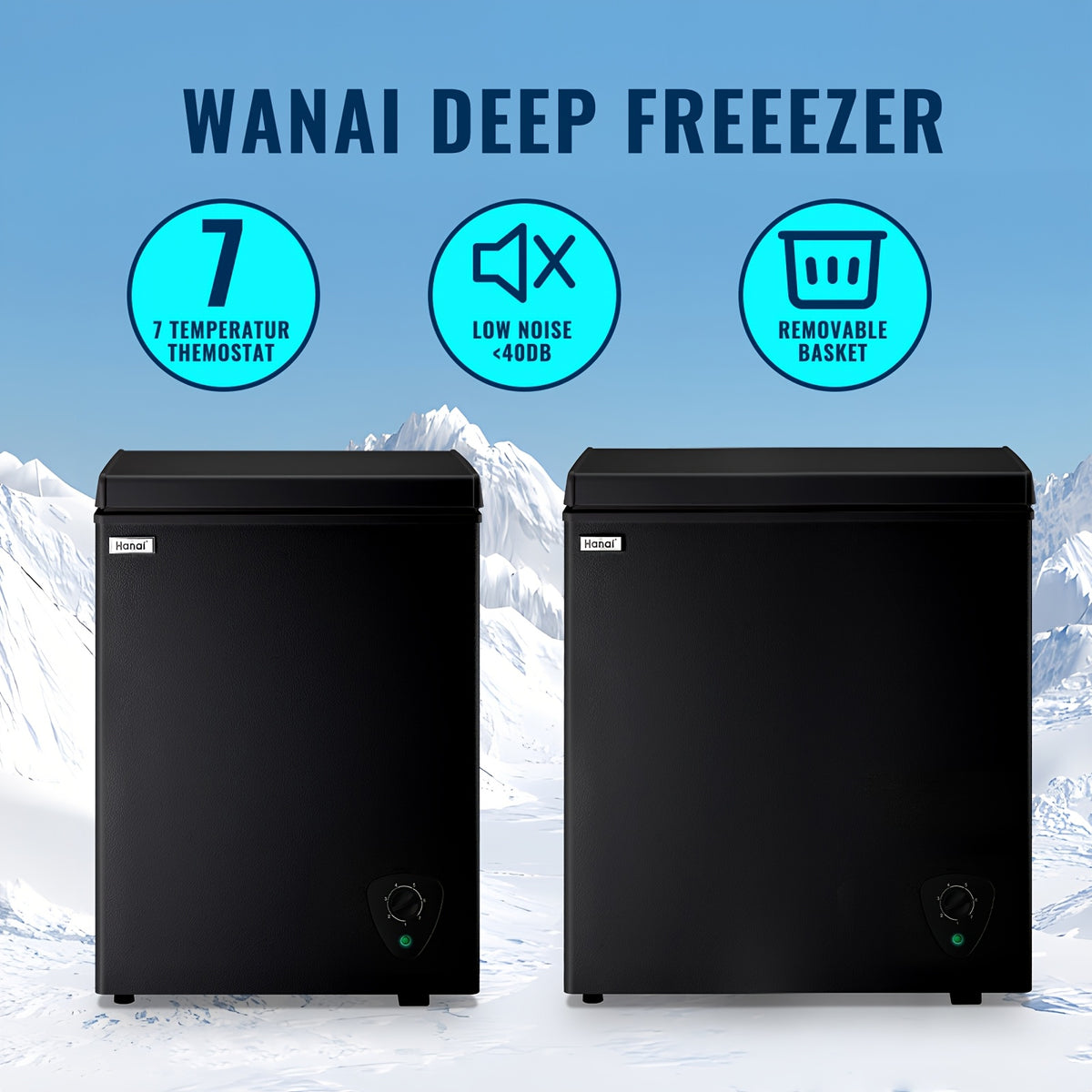 Small Chest Freezer 3.5 Cu. Ft., WANAI Black Deep Freezer with 7 Adjustable Settings and Removable Basket for Apartment Kitchens