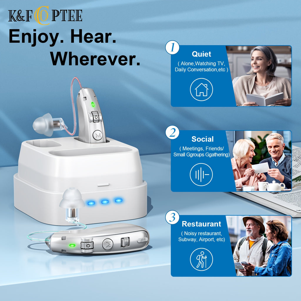 Silver Rechargeable Hearing Aids, Listed One-Pair Behind-the-Ear Devices with Volume Adjustment, Frequency Controls and USB Charging Case for Adult Listening Needs