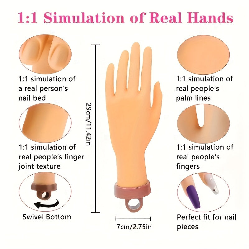Silicone Nail Practice Hand with Small Desktop Stand, Manicure Training Model for Beginner Nail Art Painting and Filing Practice at Home or in Class