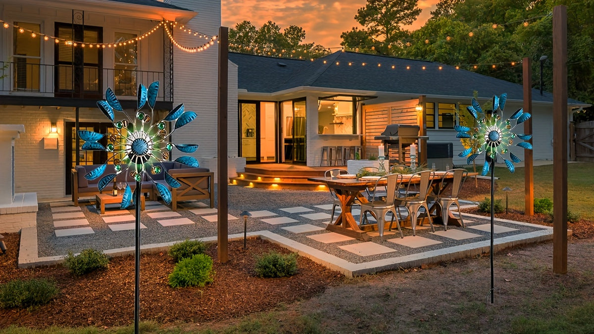 Garden Wind Spinner with Solar Multicolor LED Light, Metal Pinwheel Yard Decor with Listed 72-Inch Size and Red, Bronze, Blue or Butterfly Design Options