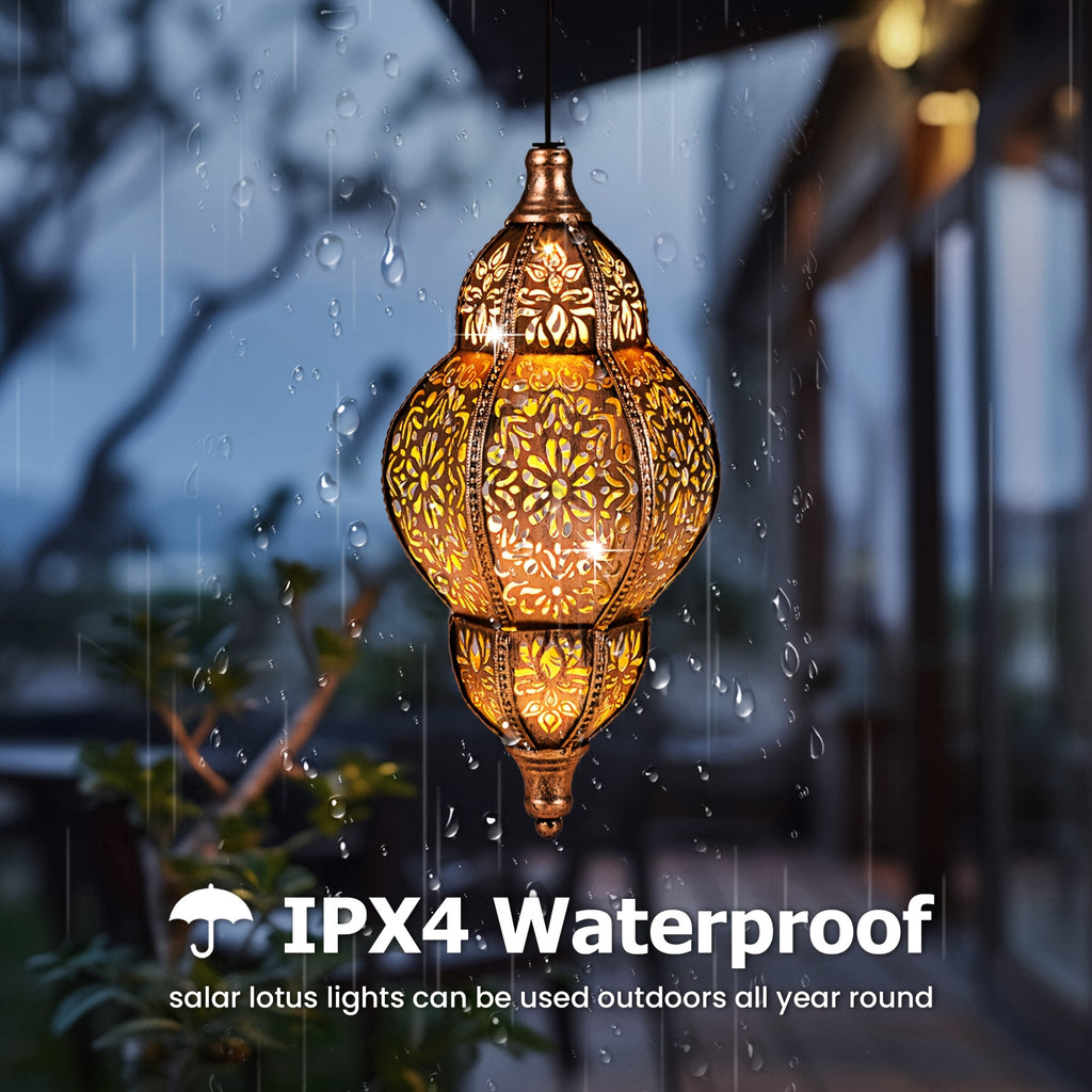 Solar Pendant Lantern in Copper Color with Listed Hollow-Out Iron Design and 27.17-Inch Size Wording for Decorative Patio, Garden, Deck and Porch Displays