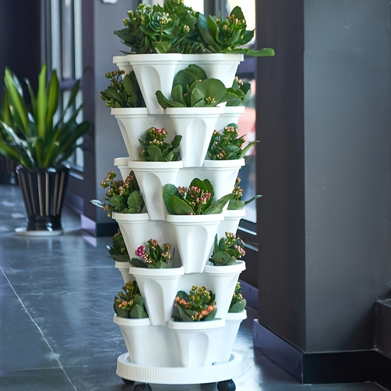 Five-Layer Stackable Planter Set for Vertical Gardening, Five Color Options with Listed Moving Wheels and Tools for Flowers, Herbs and Suitable Strawberry Plants