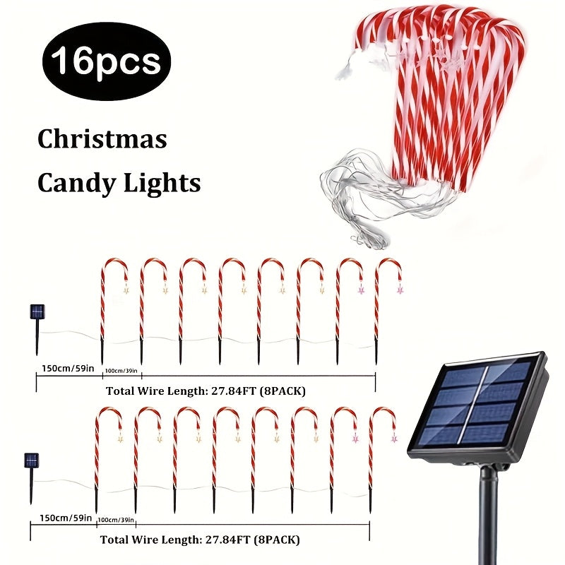 Solar Candy Cane Lights with Listed Red and White Striped Design, Eight Lighting Modes and 8/16-Pack References for Christmas Garden and Holiday Yard Decorating