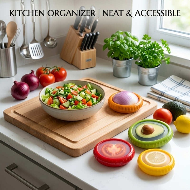 Fruit and Vegetable Storage Holders, 4-Piece Reusable Silicone Fridge Pod Set for Compatible Avocado, Tomato, Onion and Lemon Kitchen Organization