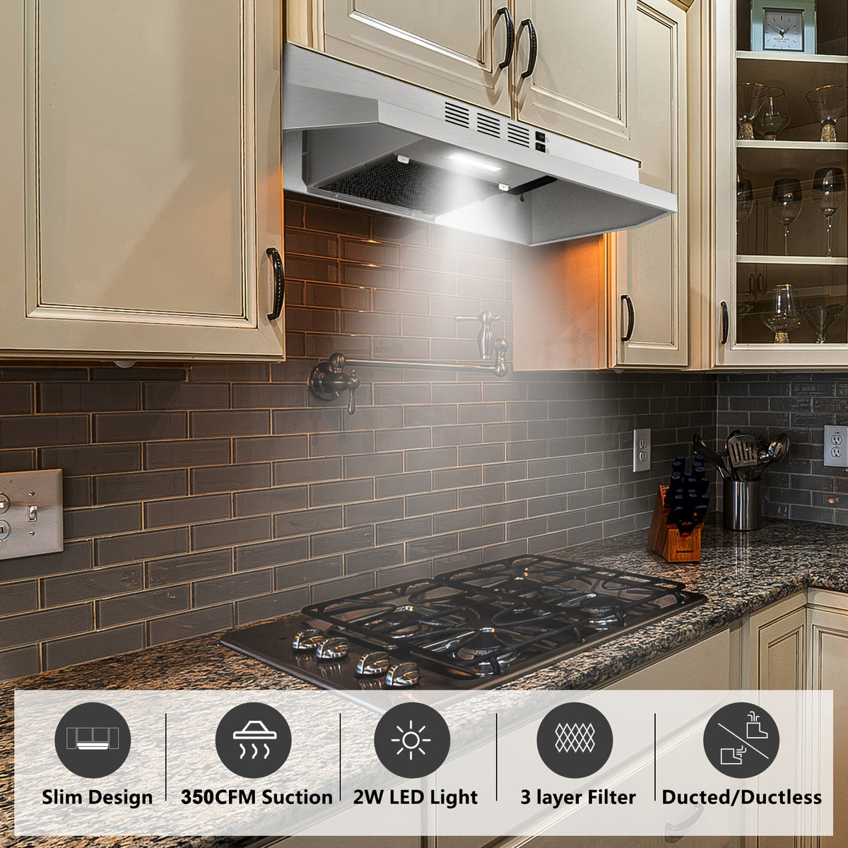 Convertible Kitchen Range Hood, 30-Inch Under Cabinet Vent with Ducted or Ductless Setup, LED Light and 2-Speed Fan in Black, White or Silvery