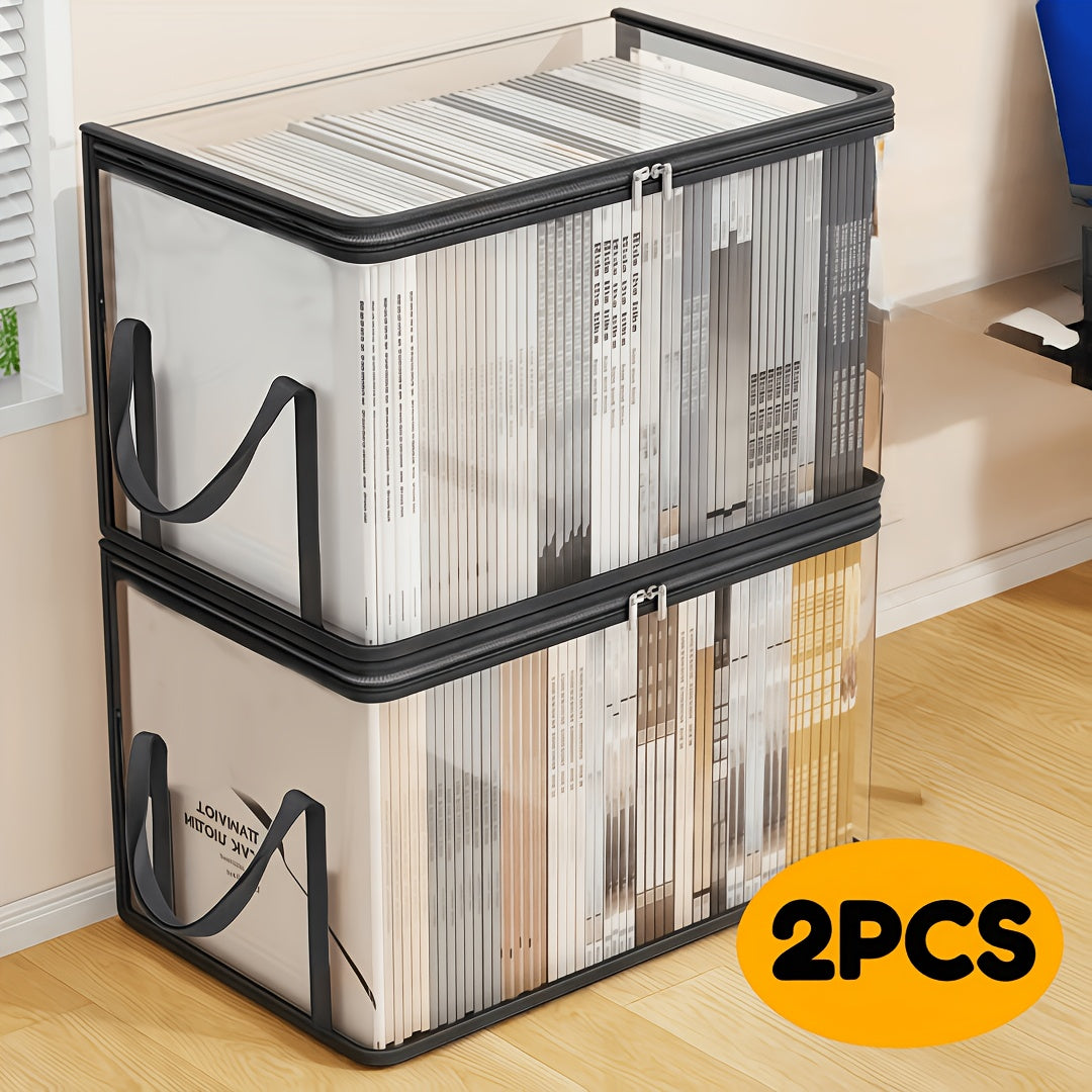 Transparent Book Storage Boxes, Listed Two-Piece Foldable Plastic Organizer Set with Black Option Label for Compatible Books, Clothing and Home Office Sorting