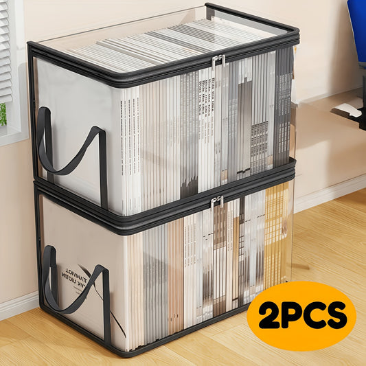 Transparent Book Storage Boxes, Listed Two-Piece Foldable Plastic Organizer Set with Black Option Label for Compatible Books, Clothing and Home Office Sorting