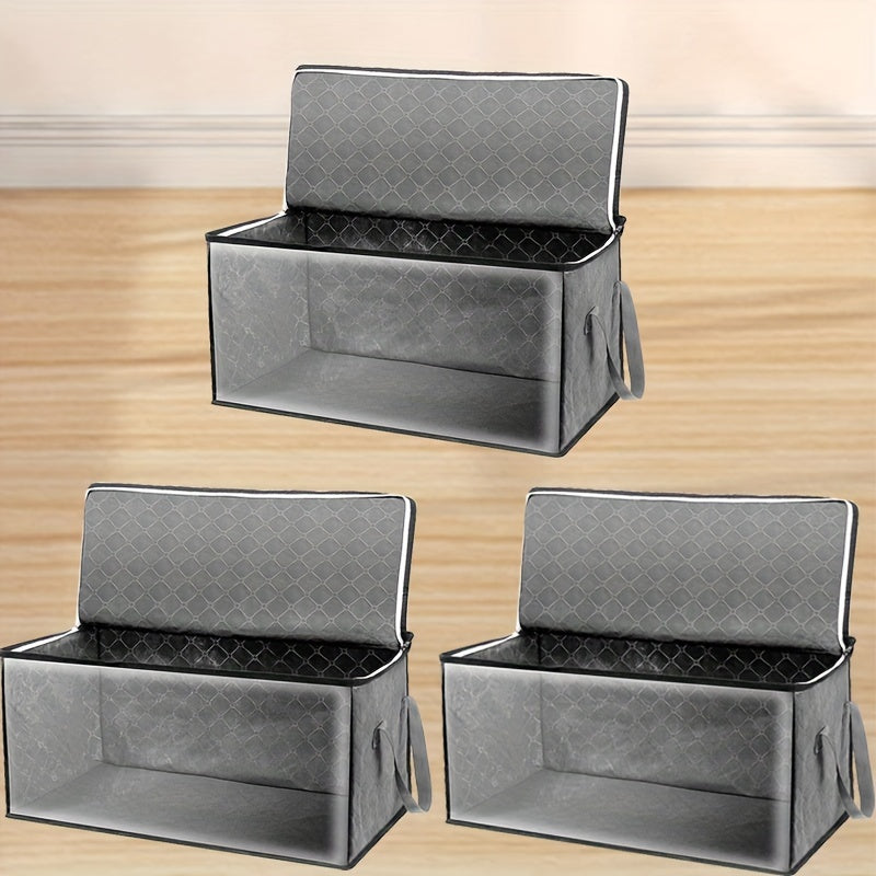 Windowed Clothes Storage Bags, Three-Piece Gray Foldable Organizer Set with Carry Handles for Suitable Blankets, Bedding, Pillows and Closet or Dorm Room Storage