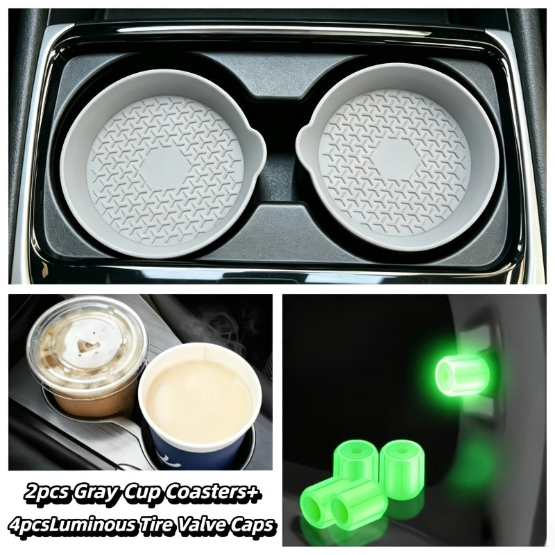 Silicone Car Cup Holder Coasters in Two- or Four-Piece Options, Anti-Slip Cup Mats with Multiple Colors and Selected Glow-in-the-Dark Accessory Bundles