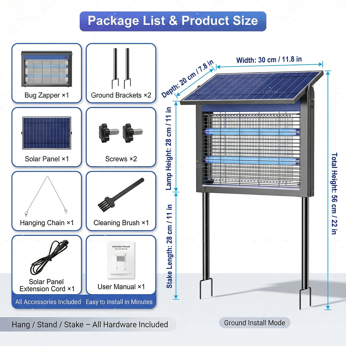 Solar Charging Insect Zapper with Listed 4500V Grid and 4000mAh Battery, Metal Shell Bug Trap with Two Modes for Garden and Patio Placement