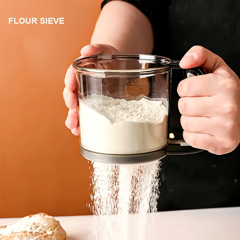 Flour Sifter with Transparent Grey Body and Handle, One-Piece Semi-Automatic Baking Sieve for Preparing Dry Flour for Homemade Cakes and Pastries
